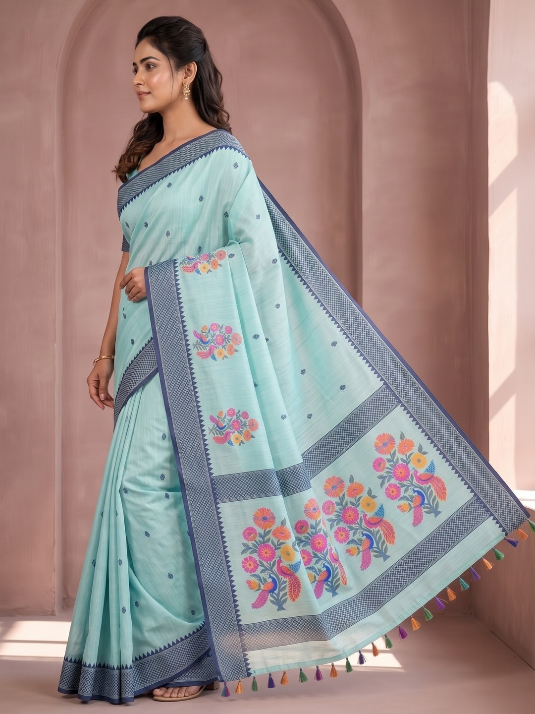 Peachmode Sea Green Jamdani Cotton Woven Saree with Floral Pallu - Image 3