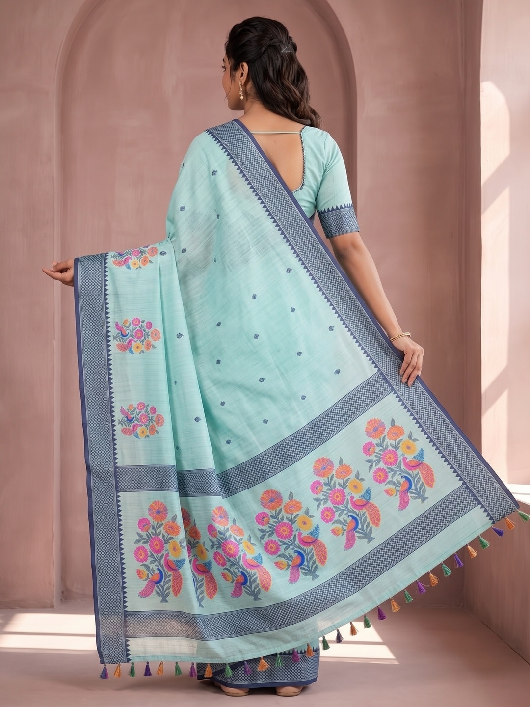 Peachmode Sea Green Jamdani Cotton Woven Saree with Floral Pallu - Image 4