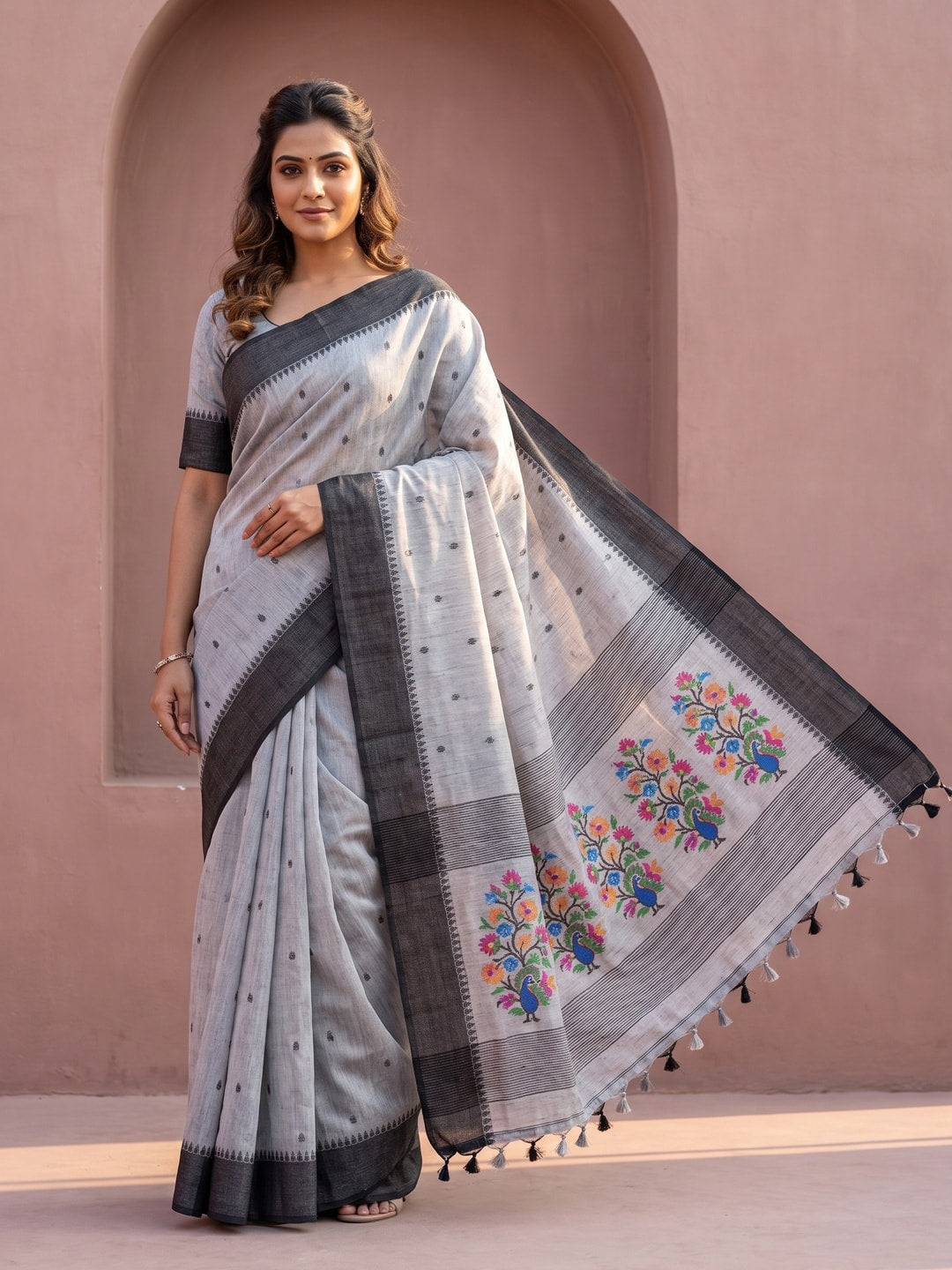 Peachmode Grey Jamdani Cotton Woven Saree with Floral Pallu - Image 1