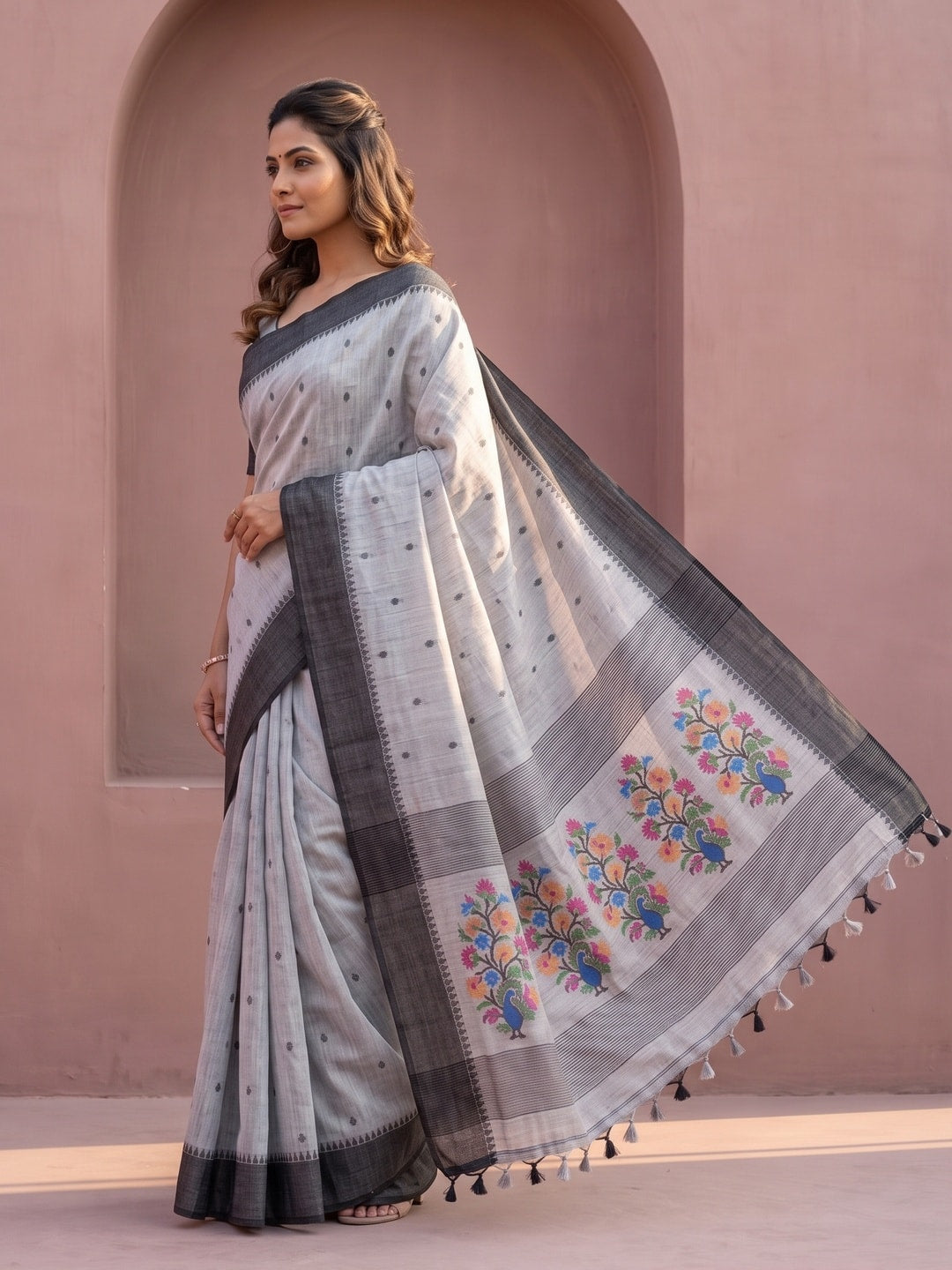 Peachmode Grey Jamdani Cotton Woven Saree with Floral Pallu - Image 3