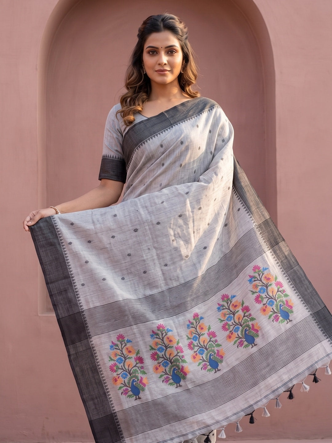 Peachmode Grey Jamdani Cotton Woven Saree with Floral Pallu - Image 5