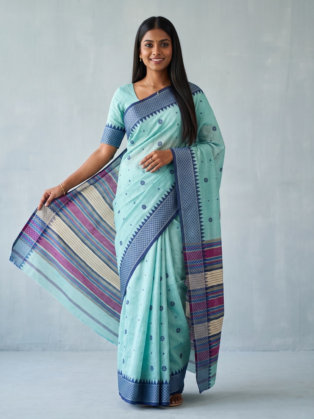Peachmode Sea Green Jamdani Cotton Woven Saree with Striped Pallu - Image 1