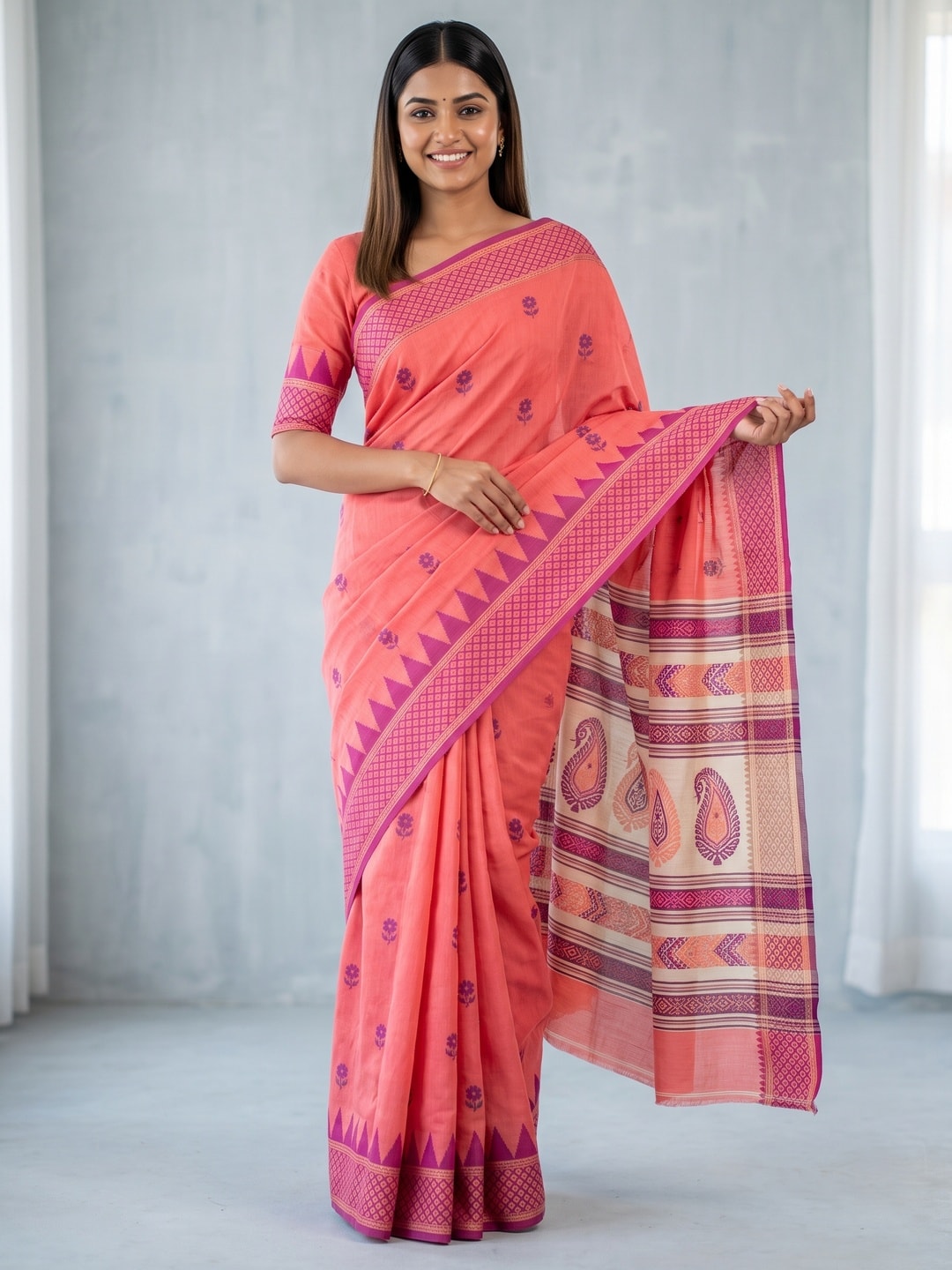 Peachmode Coral Jamdani Cotton Woven Saree with Striped Pallu - Image 1