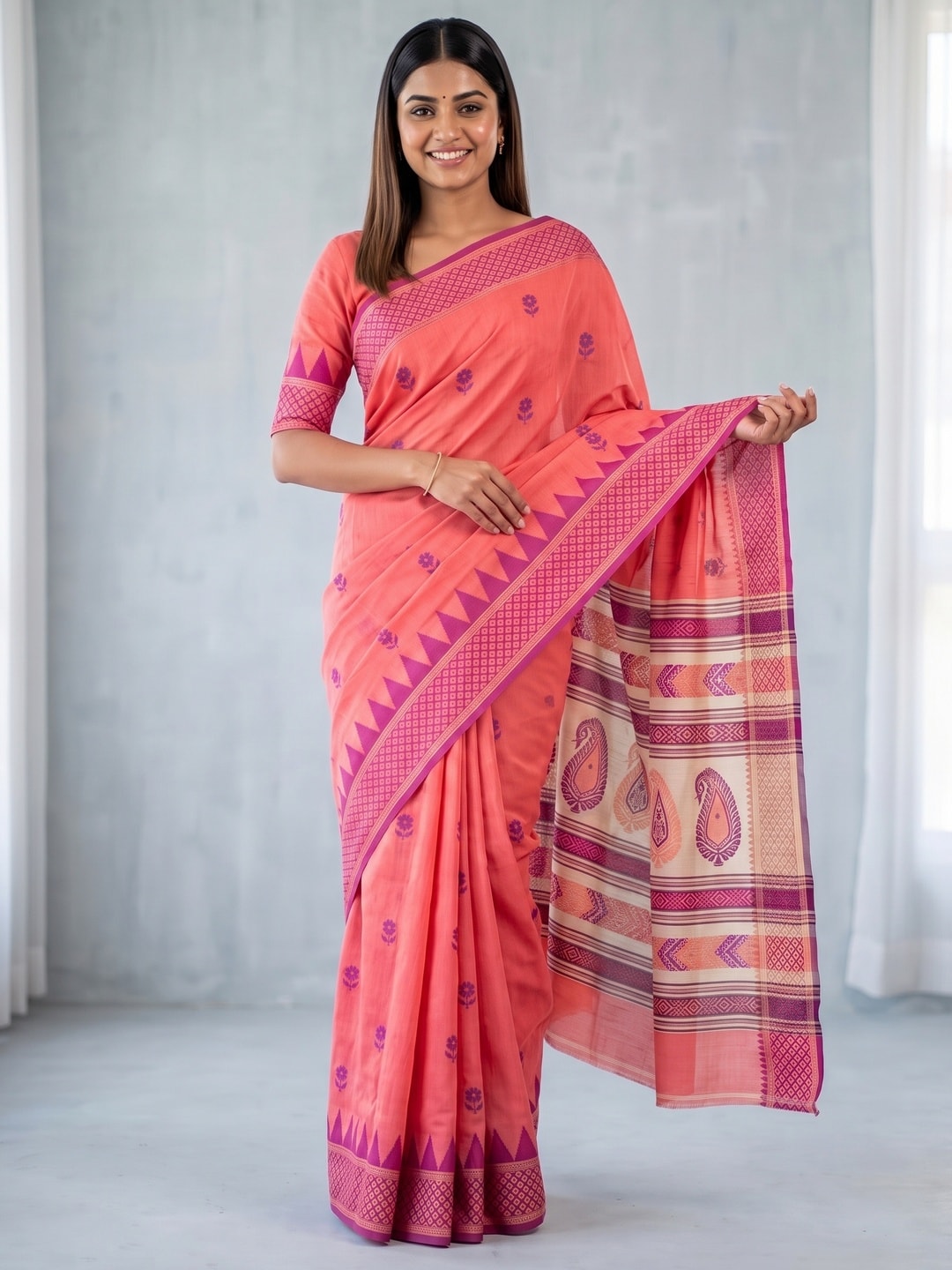 Peachmode Coral Jamdani Cotton Woven Saree with Striped Pallu - Image 2