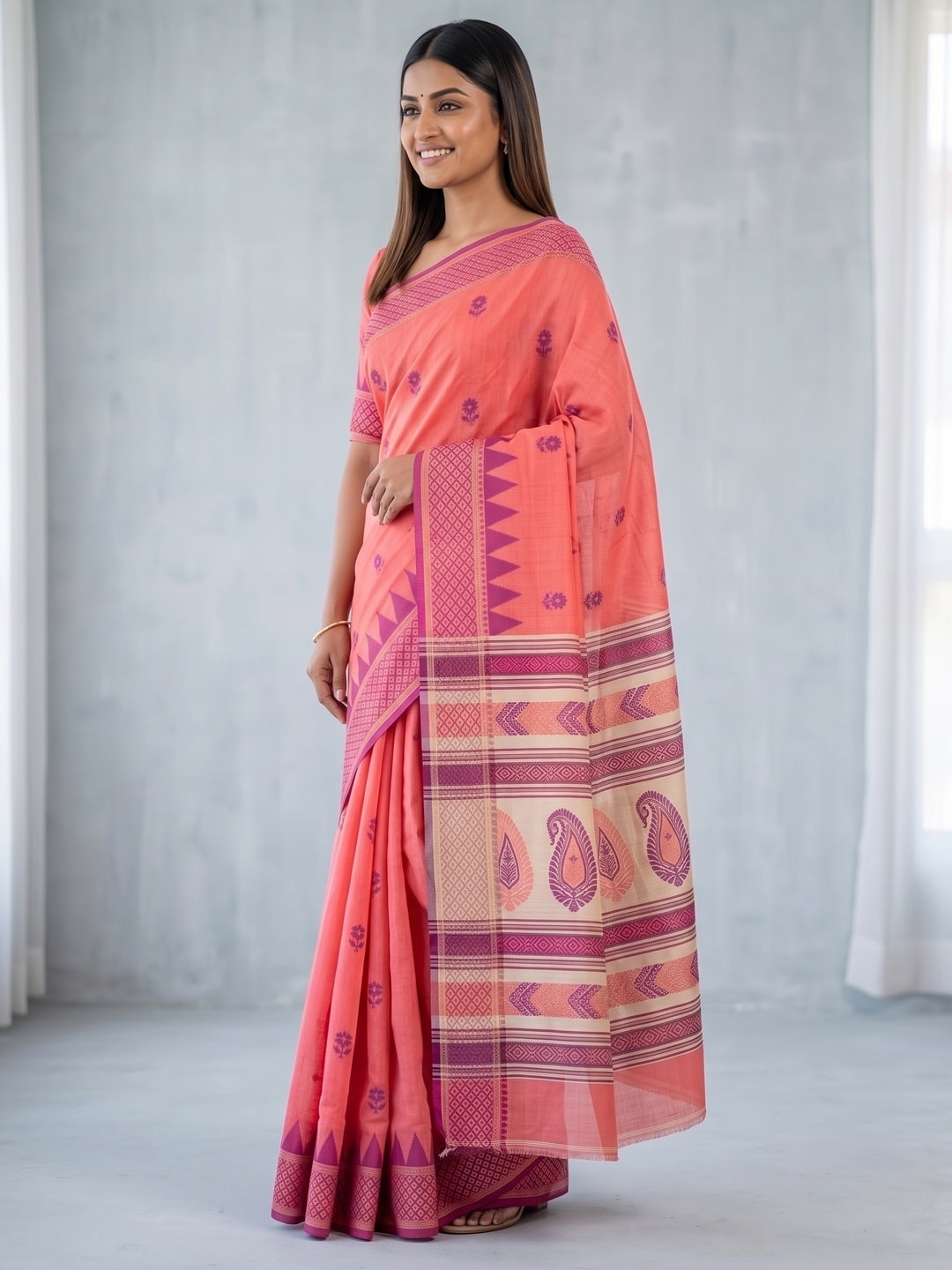 Peachmode Coral Jamdani Cotton Woven Saree with Striped Pallu - Image 3