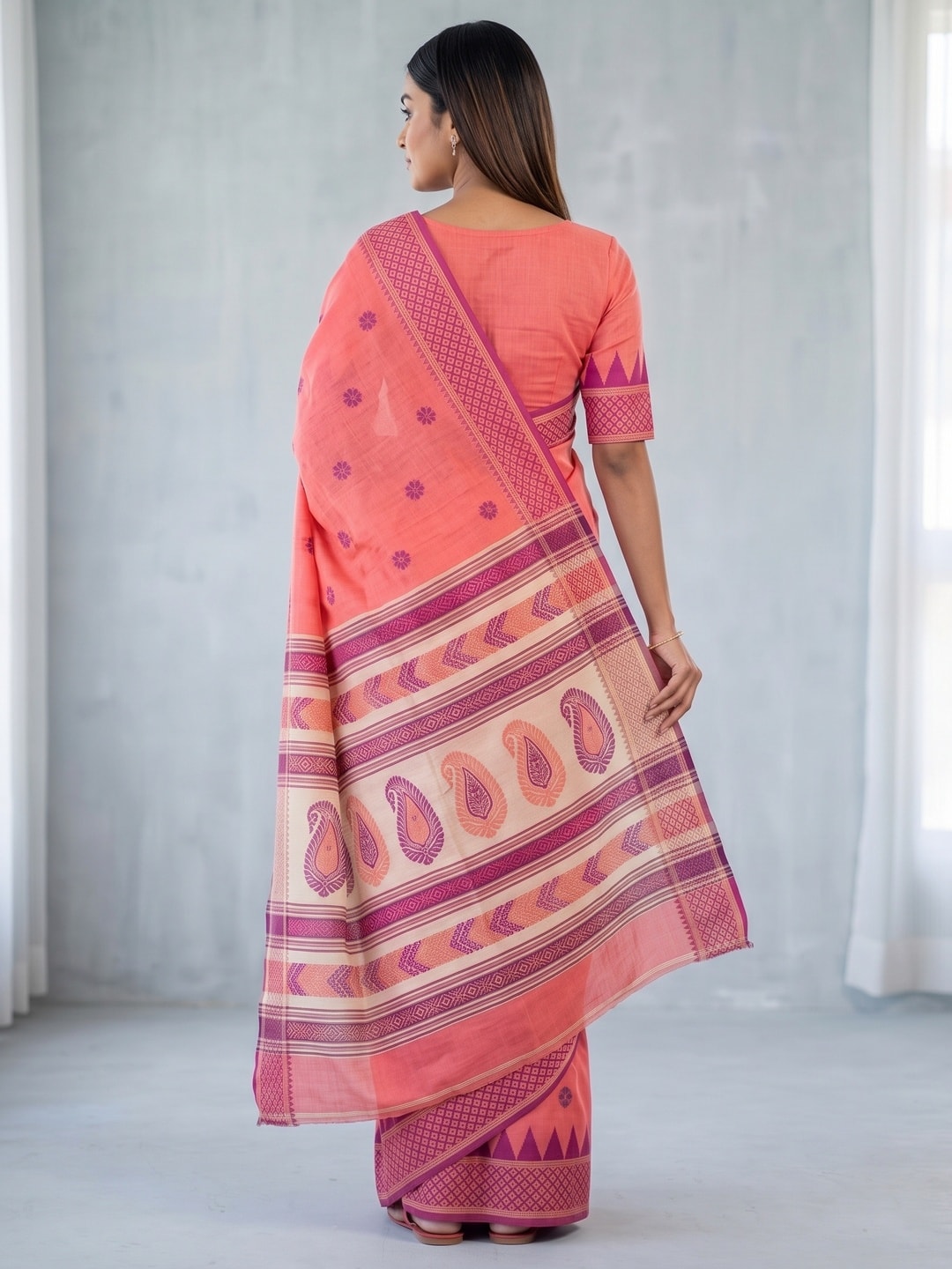 Peachmode Coral Jamdani Cotton Woven Saree with Striped Pallu - Image 4