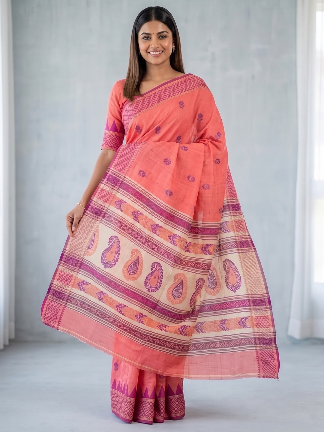 Peachmode Coral Jamdani Cotton Woven Saree with Striped Pallu - Image 5