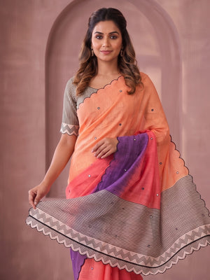 Peachmode Peach Ombre Printed Linen Cotton Saree With Mirror Work - Image 2