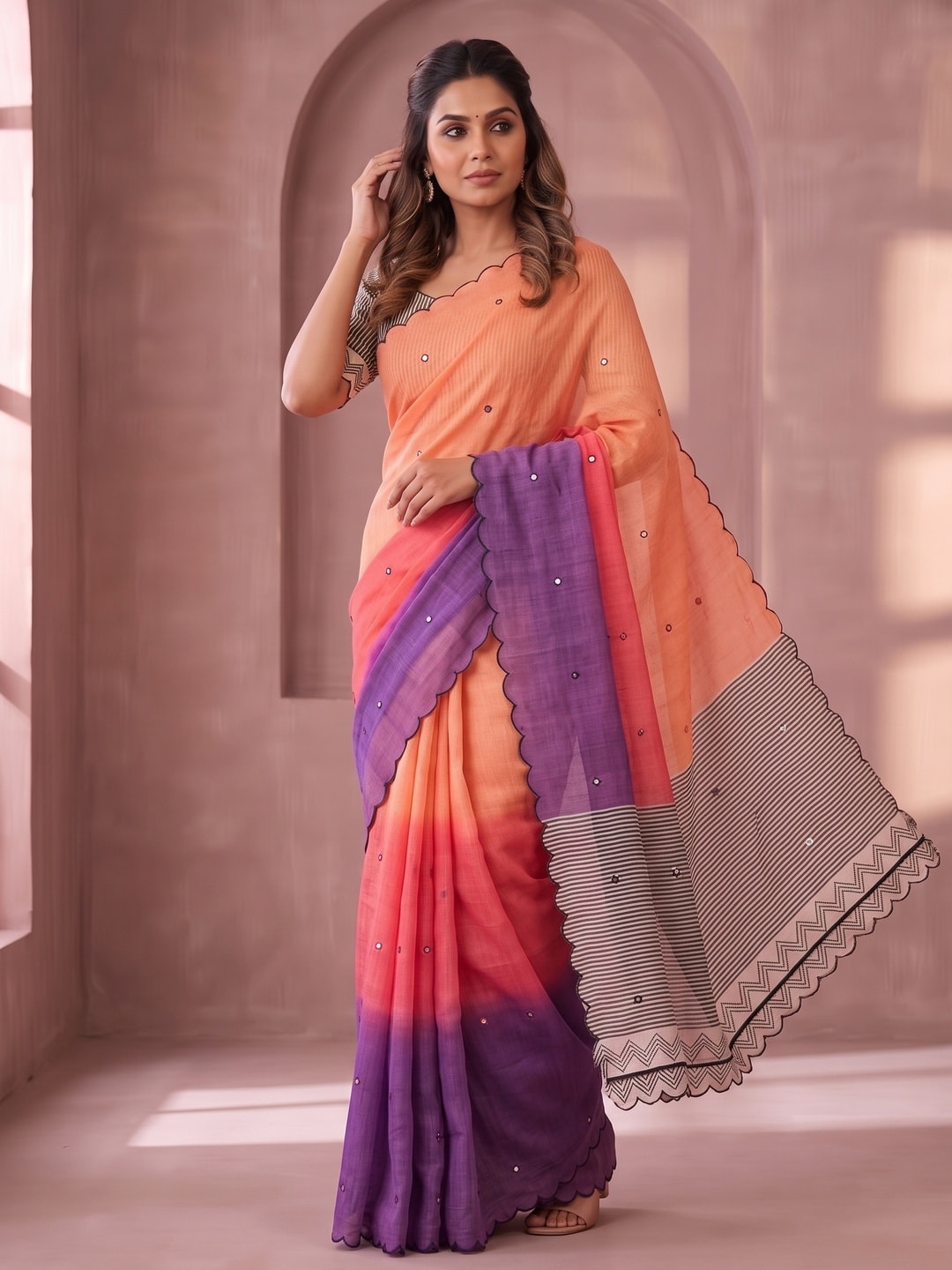Peachmode Peach Ombre Printed Linen Cotton Saree With Mirror Work - Image 3