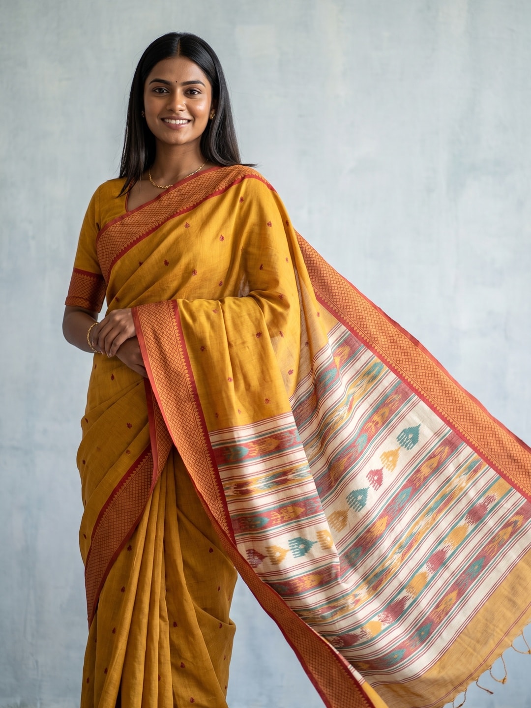 Peachmode Mustard Jamdani Cotton Woven Saree with Striped Pallu - Image 1
