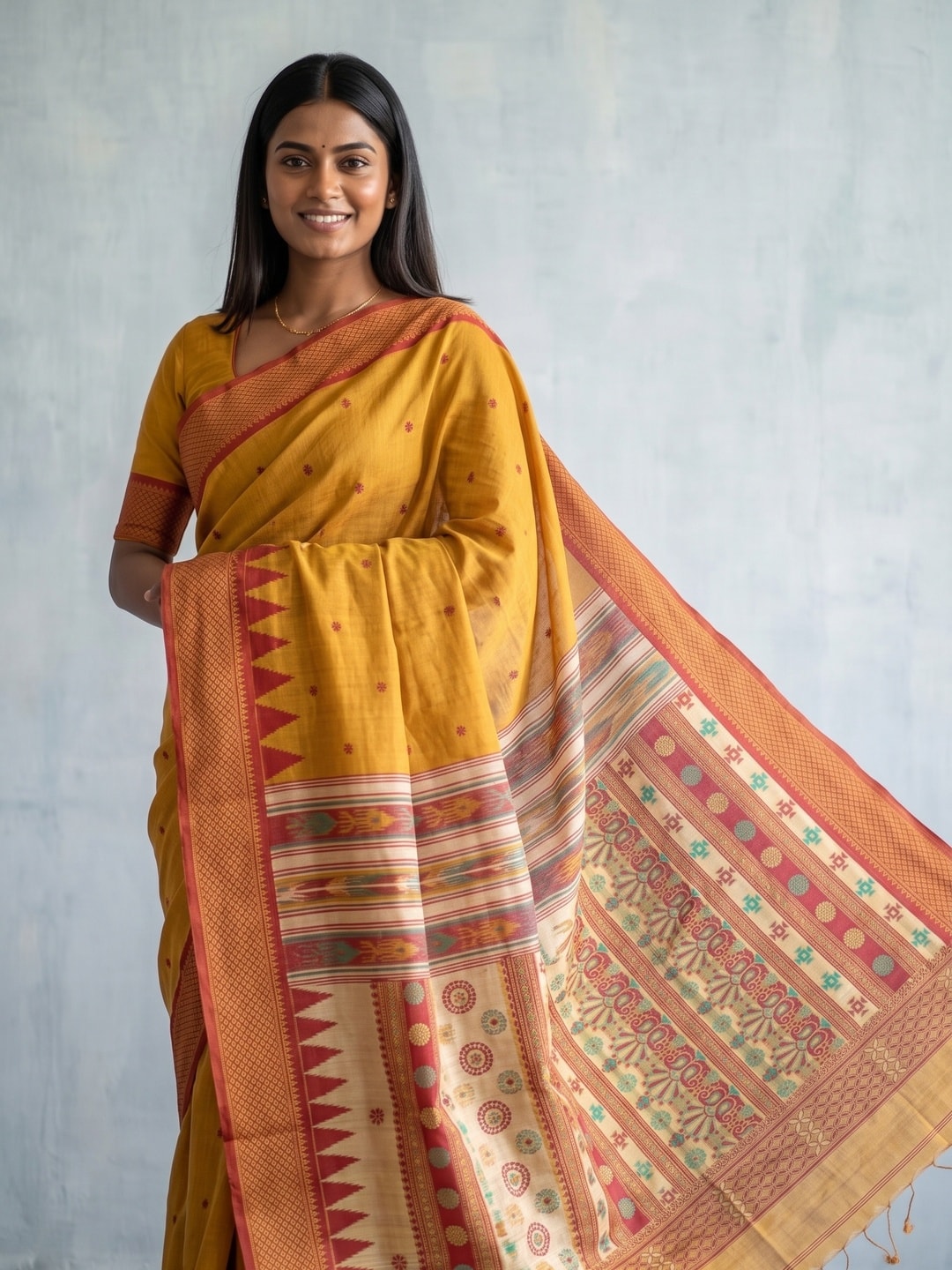 Peachmode Mustard Jamdani Cotton Woven Saree with Striped Pallu - Image 5