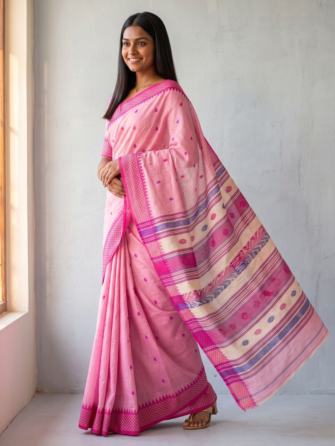 Peachmode Pink Jamdani Cotton Woven Saree with Striped Pallu - Image 3