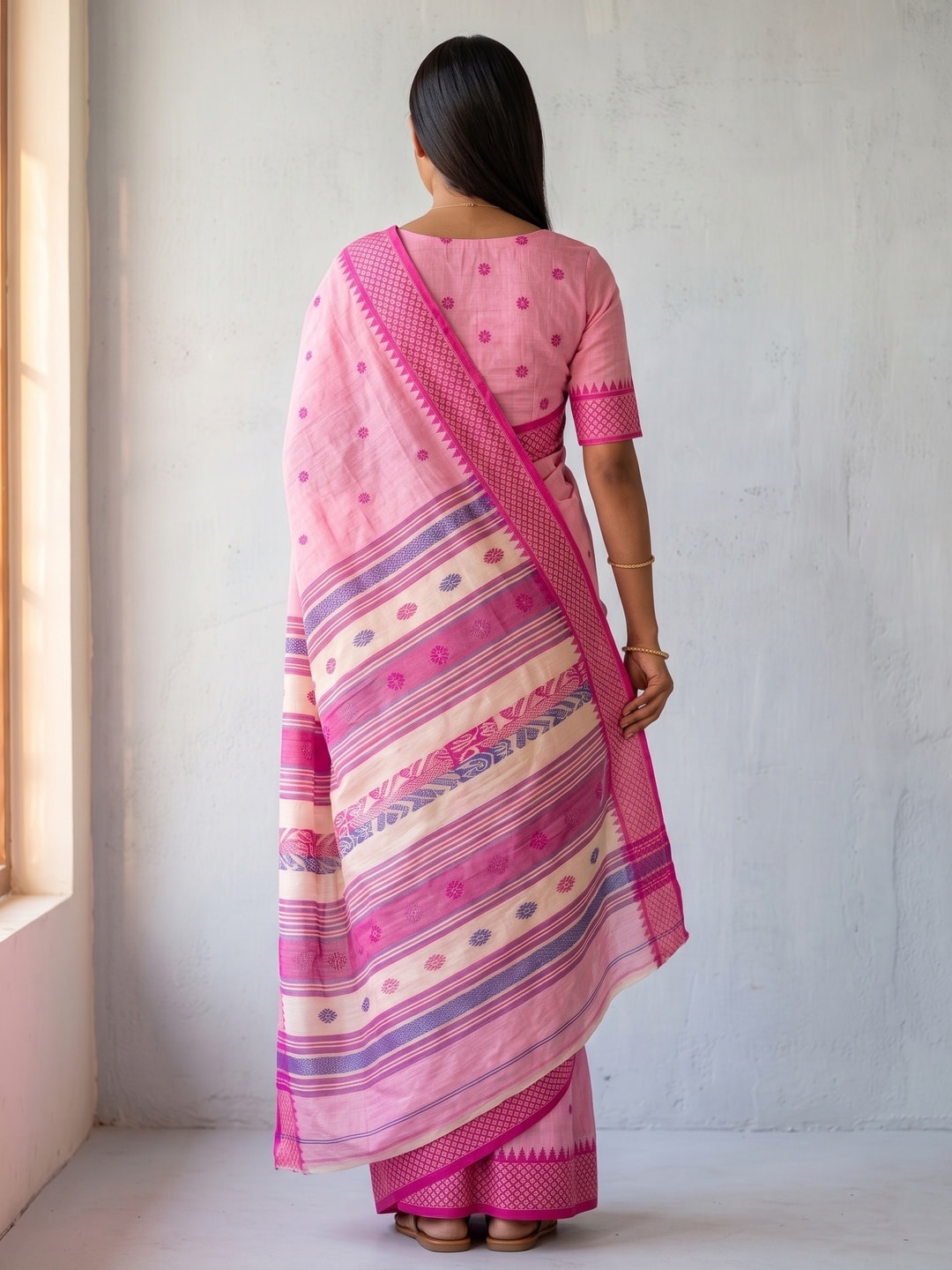 Peachmode Pink Jamdani Cotton Woven Saree with Striped Pallu - Image 4