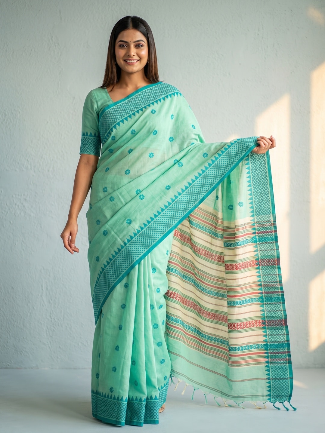 Peachmode Green Jamdani Cotton Woven Saree with Striped Pallu - Image 1
