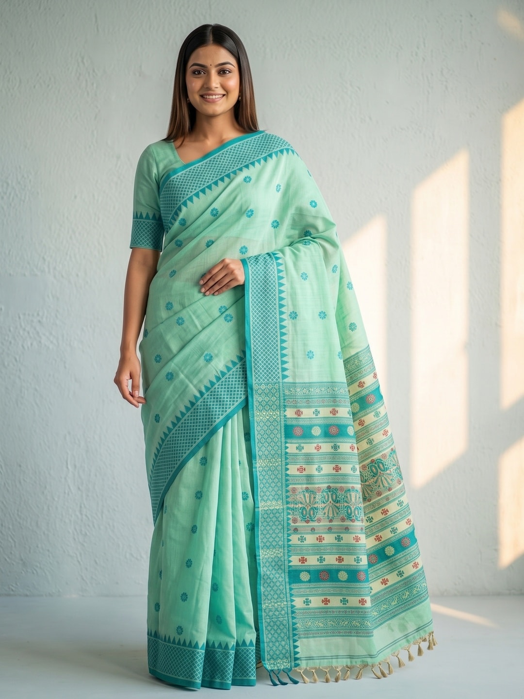 Peachmode Green Jamdani Cotton Woven Saree with Striped Pallu - Image 2