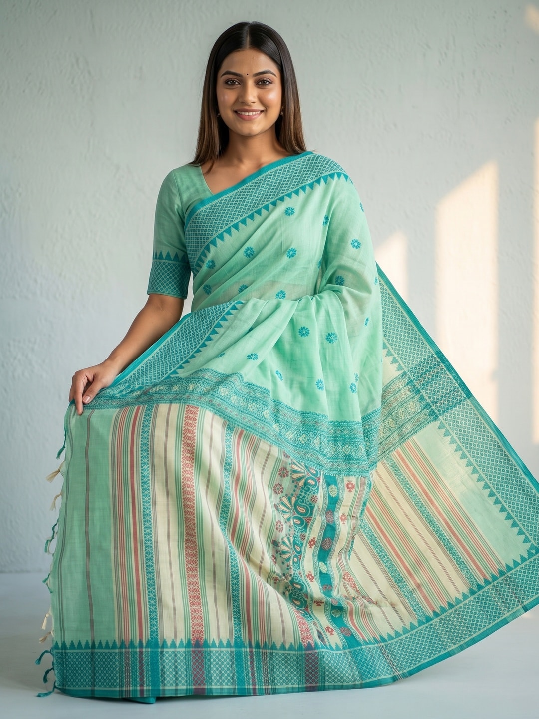 Peachmode Green Jamdani Cotton Woven Saree with Striped Pallu - Image 5