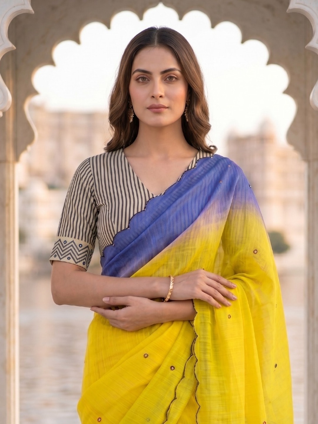 Peachmode Yellow Ombre Printed Linen Cotton Saree With Mirror Work - Image 2