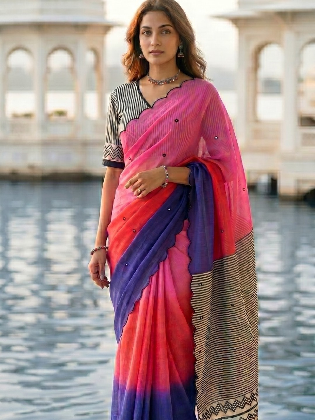 Peachmode Pink Ombre Printed Linen Cotton Saree With Mirror Work - Image 3