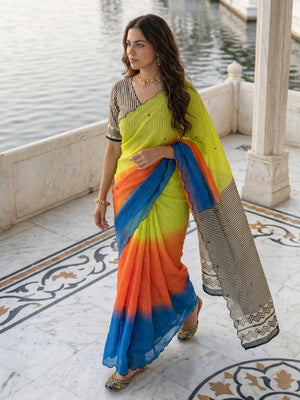Peachmode Lime Green Ombre Printed Linen Cotton Saree With Mirror Work - Image 2