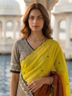 Peachmode Mustard Ombre Printed Linen Cotton Saree With Mirror Work - Image 2