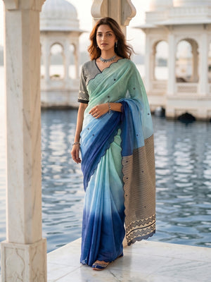 Peachmode Sky Blue Ombre Printed Linen Cotton Saree With Mirror Work - Image 1