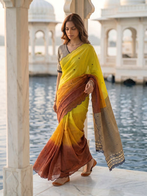 Peachmode Mustard Ombre Printed Linen Cotton Saree With Mirror Work - Image 1