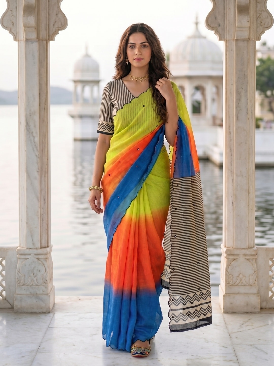 Peachmode Lime Green Ombre Printed Linen Cotton Saree With Mirror Work - Image 1