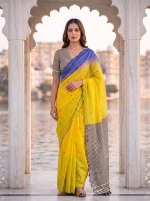 Peachmode Yellow Ombre Printed Linen Cotton Saree With Mirror Work - Image 1