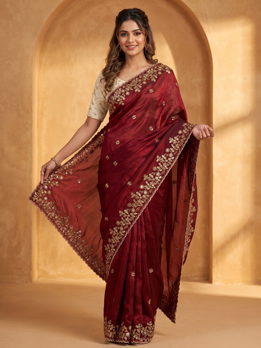 Peachmode Maroon Satin Saree With Multi Sequin Embroidery And Scalloped Border - Image 1