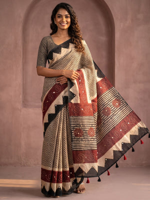 Peachmode Maroon Linen Saree With Digital Zigzag Print And Zari Outline Work - Image 1