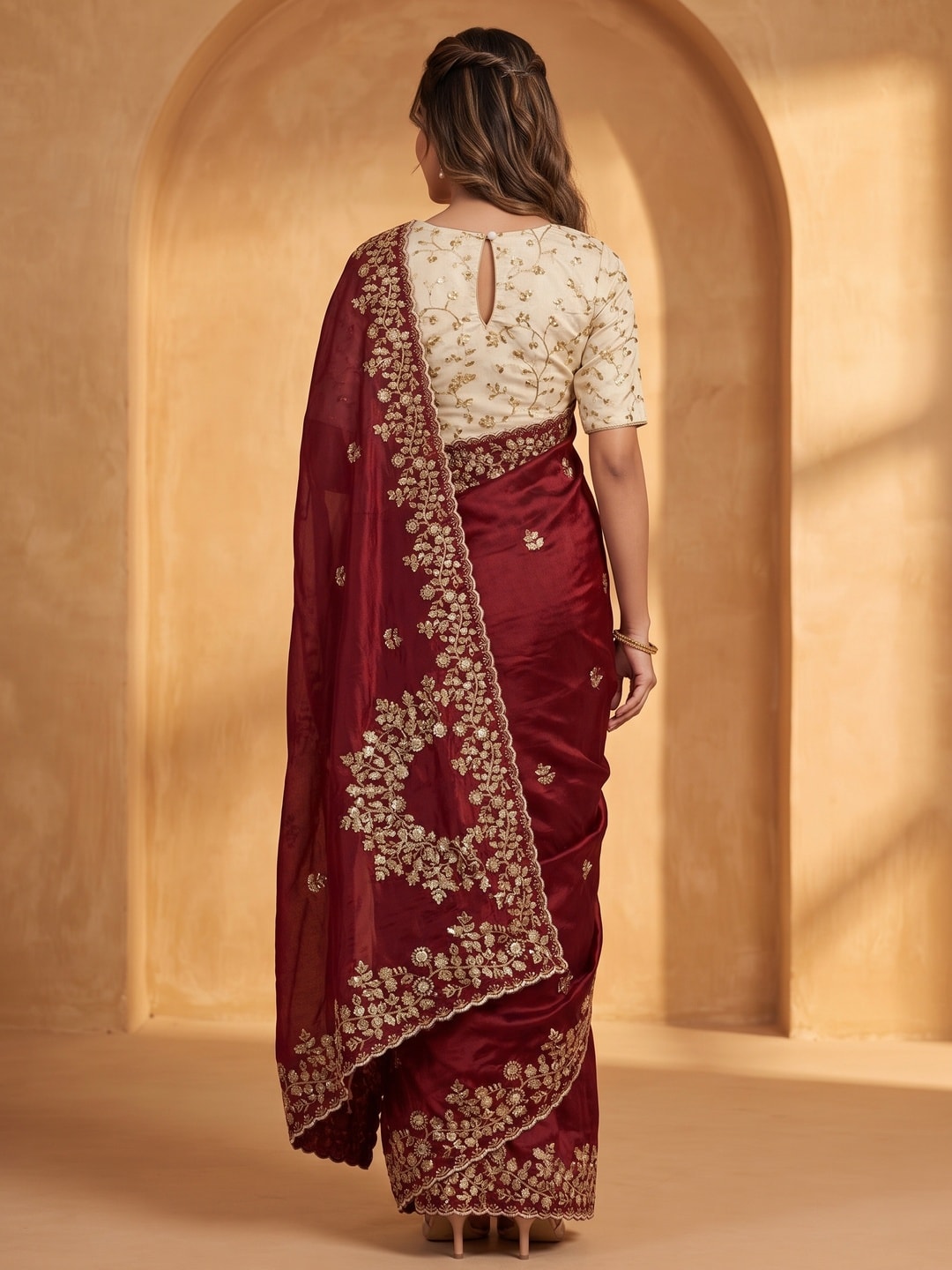 Peachmode Maroon Satin Saree With Multi Sequin Embroidery And Scalloped Border - Image 2