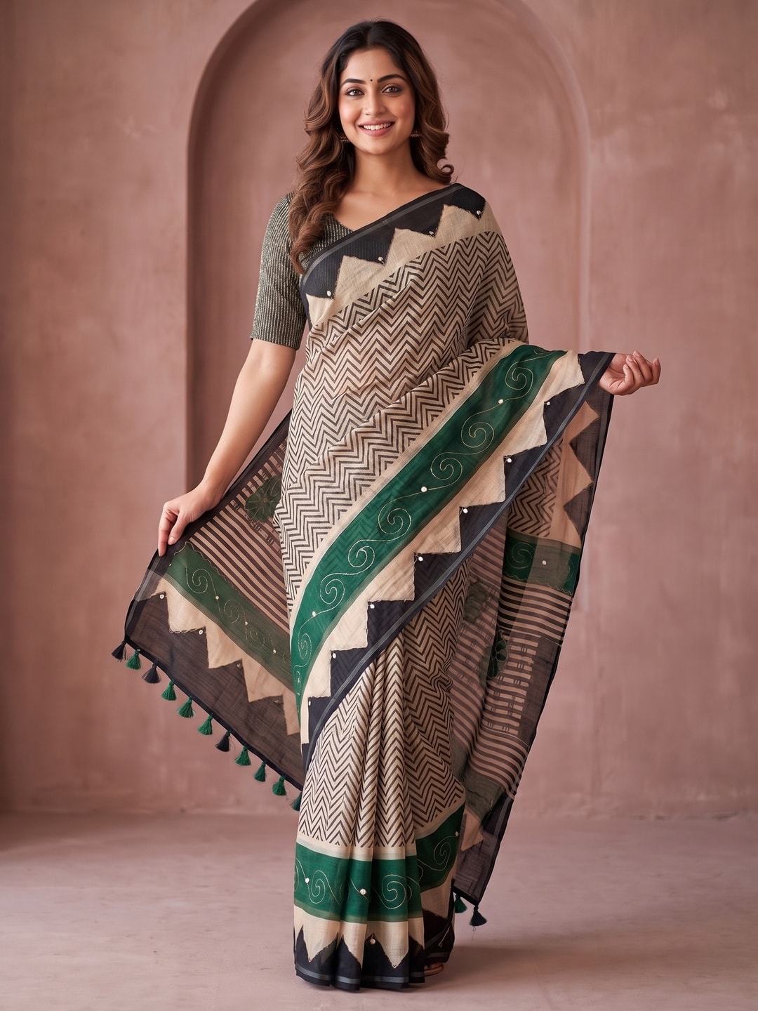 Peachmode Green Linen Saree With Digital Zigzag Print And Zari Outline Work - Image 1