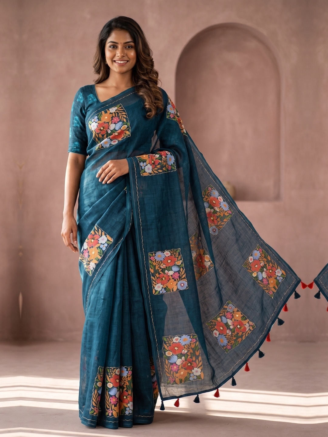 Peachmode Teal Linen Saree With Digital Floral Print And Zari Outline Work - Image 1