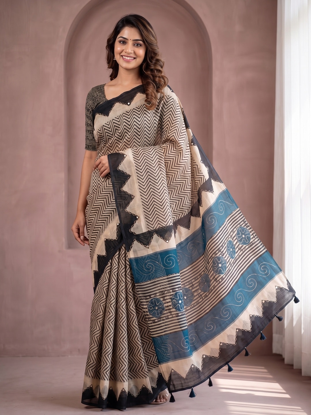 Peachmode Blue Linen Saree With Digital Zigzag Print And Zari Outline Work - Image 1