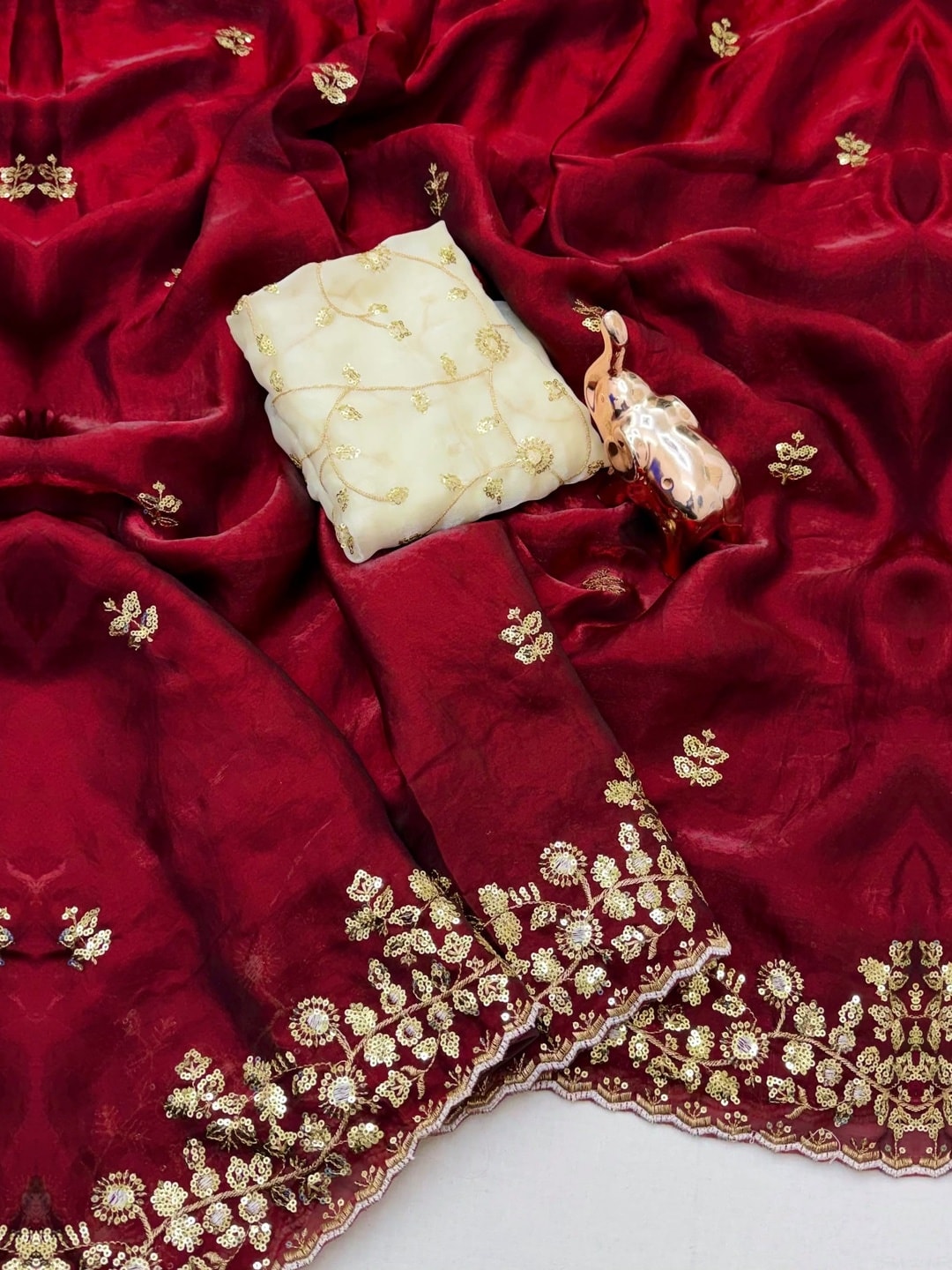 Peachmode Maroon Satin Saree With Multi Sequin Embroidery And Scalloped Border - Image 5
