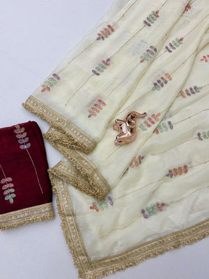 Peachmode Cream Satin Saree With Rainbow Leaf Sequin Work And Lace Border - Image 2