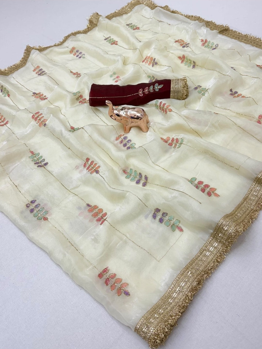 Peachmode Cream Satin Saree With Rainbow Leaf Sequin Work And Lace Border - Image 4