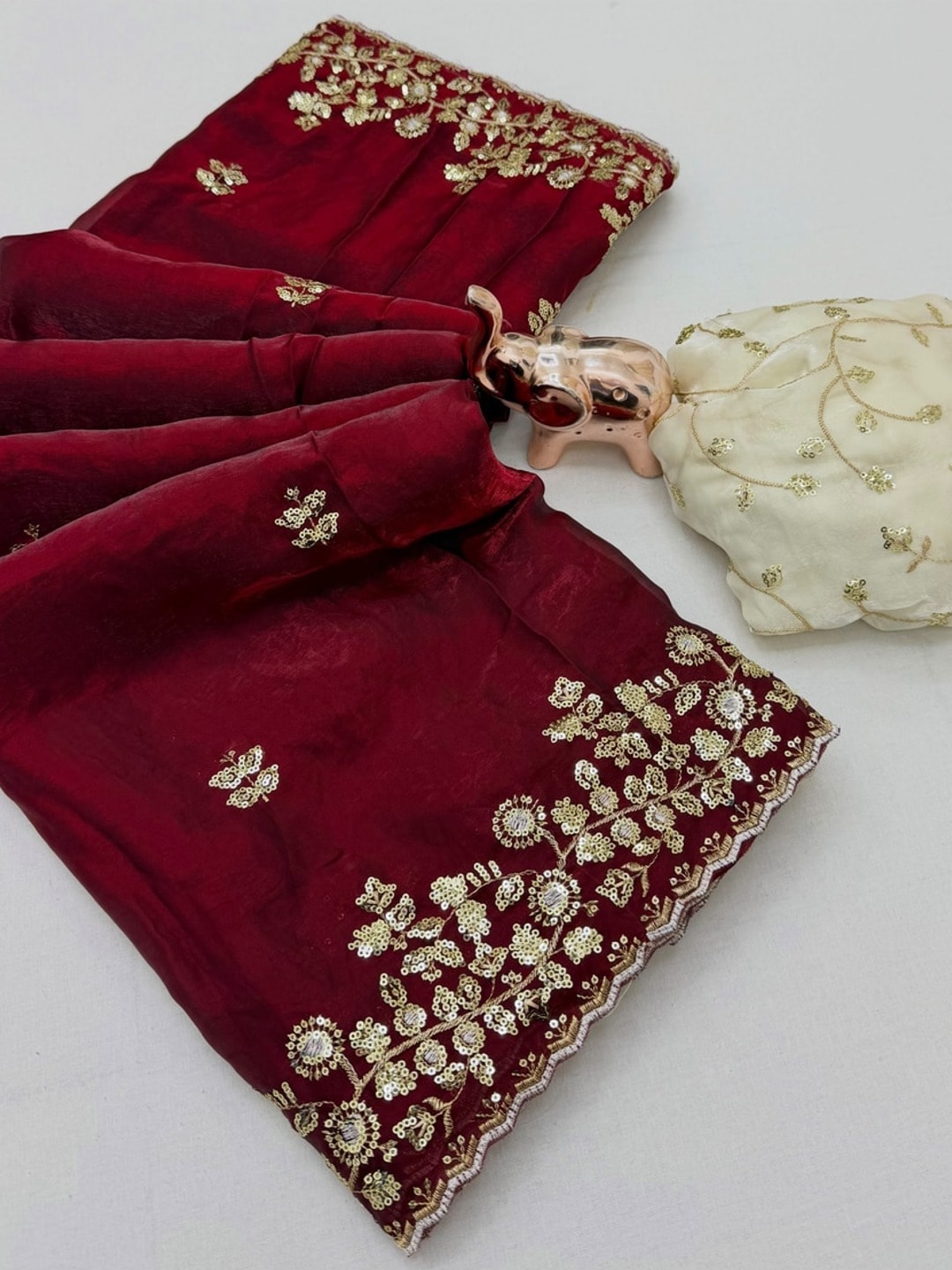 Peachmode Maroon Satin Saree With Multi Sequin Embroidery And Scalloped Border - Image 3