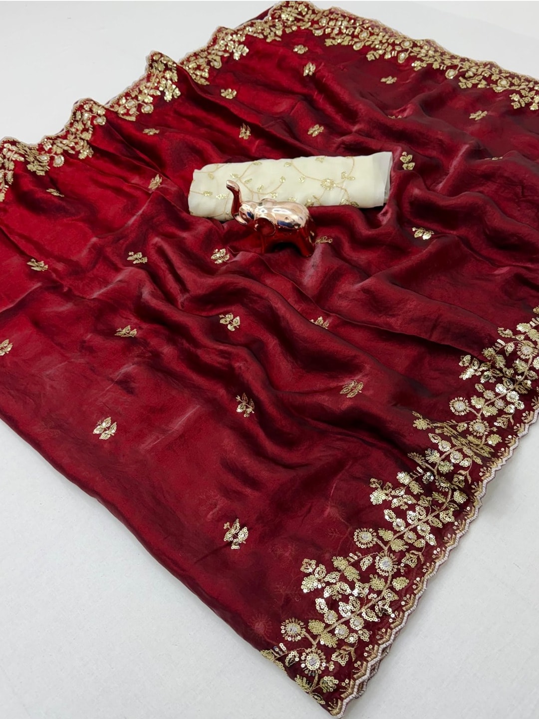 Peachmode Maroon Satin Saree With Multi Sequin Embroidery And Scalloped Border - Image 4