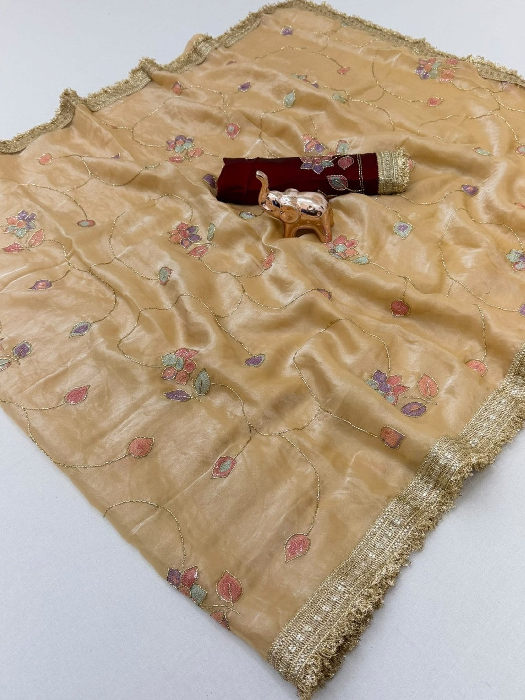 Peachmode Beige Satin Saree With Rainbow Floral Sequin Work And Lace Border - Image 1