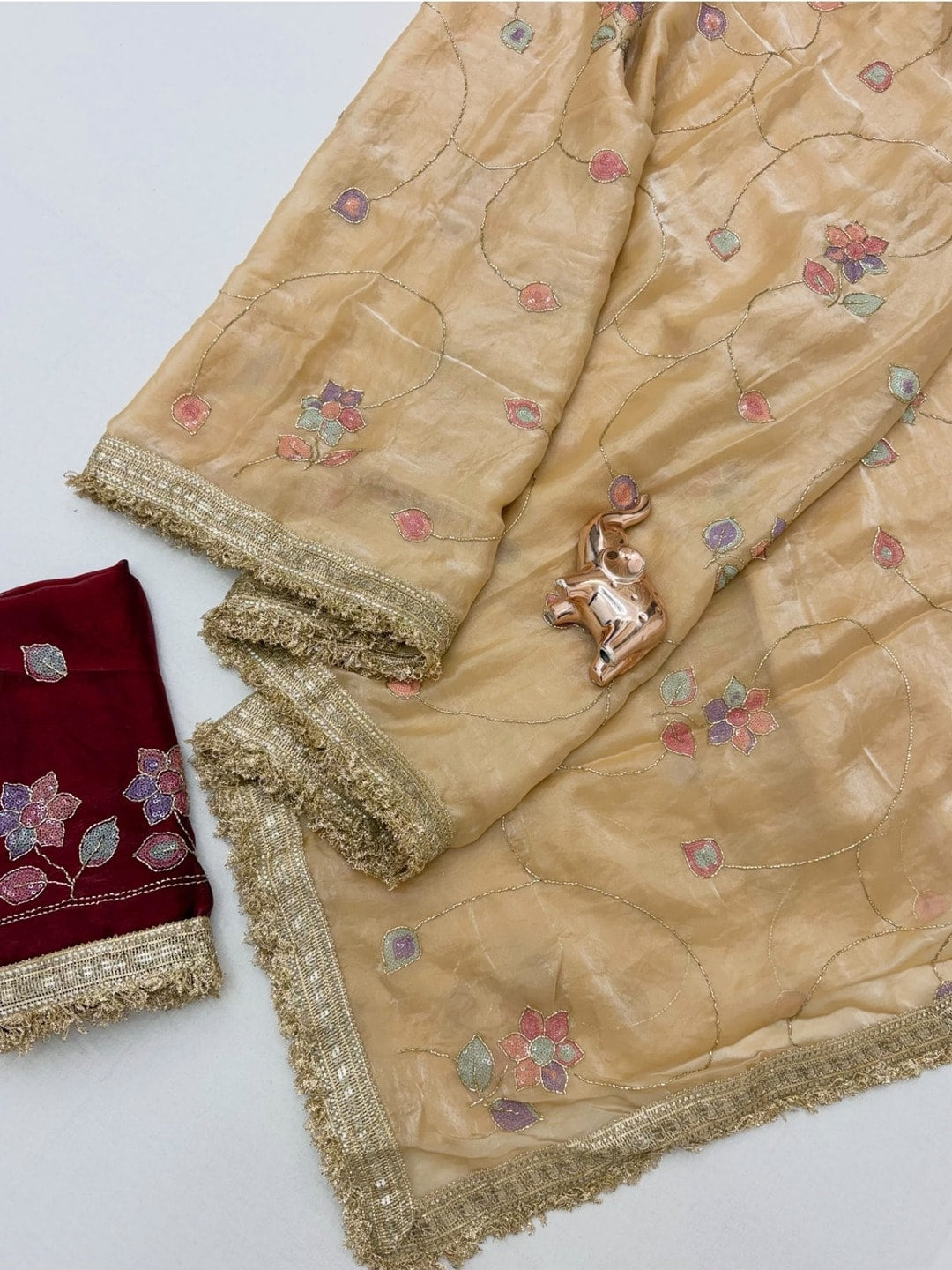 Peachmode Beige Satin Saree With Rainbow Floral Sequin Work And Lace Border - Image 2