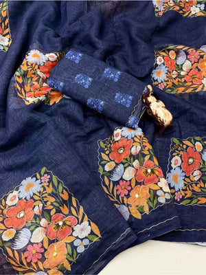 Peachmode Navy Blue Linen Saree With Digital Floral Print And Zari Outline Work - Image 1