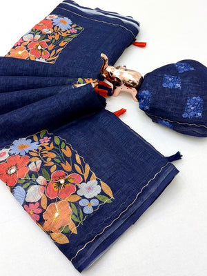 Peachmode Navy Blue Linen Saree With Digital Floral Print And Zari Outline Work - Image 2