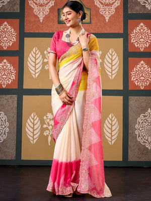 Peachmode Multicolor Ombre Bandhani Printed Chiffon Saree With Embroidered Border - Image 1