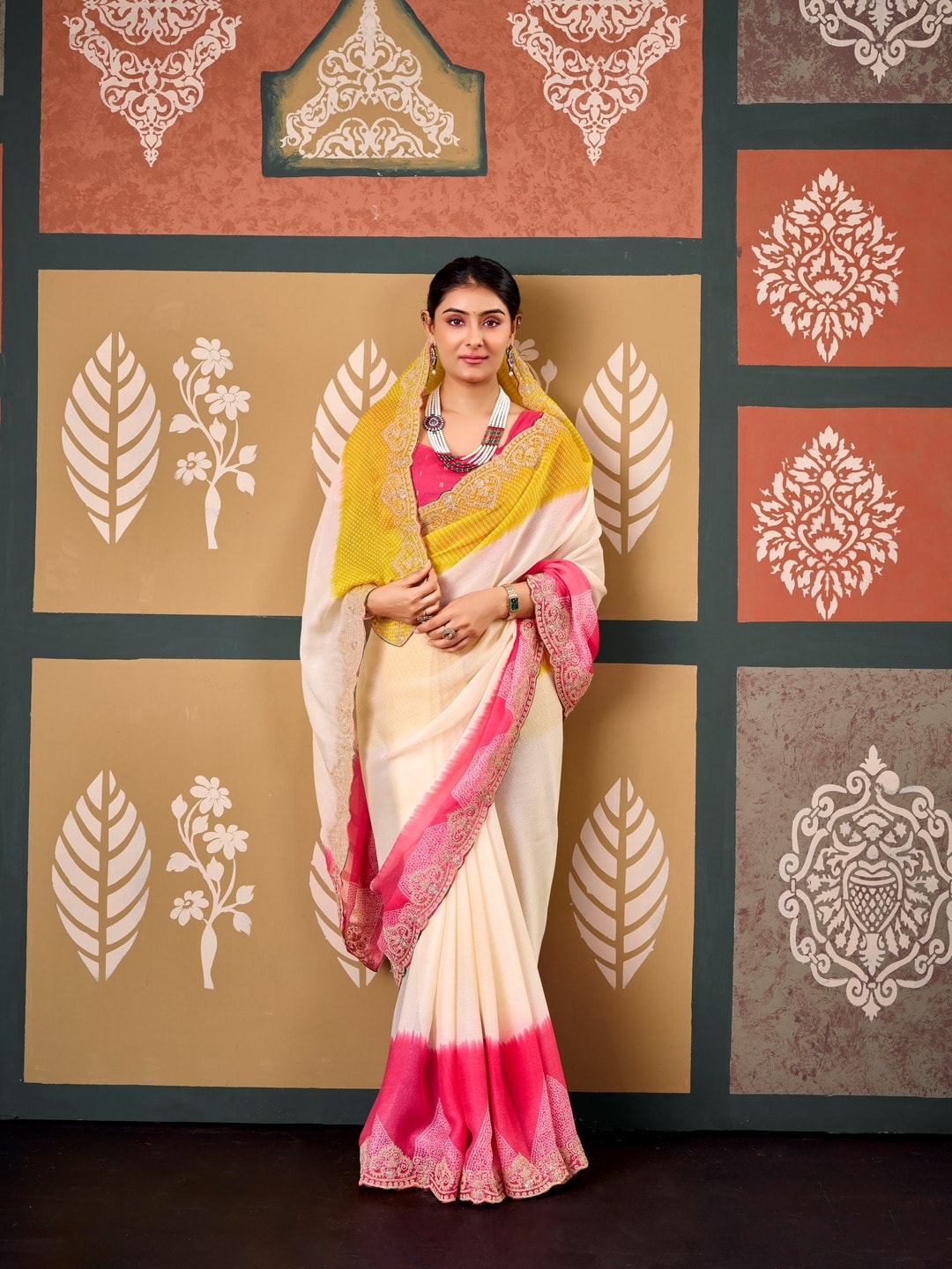 Peachmode Multicolor Ombre Bandhani Printed Chiffon Saree With Embroidered Border - Image 2