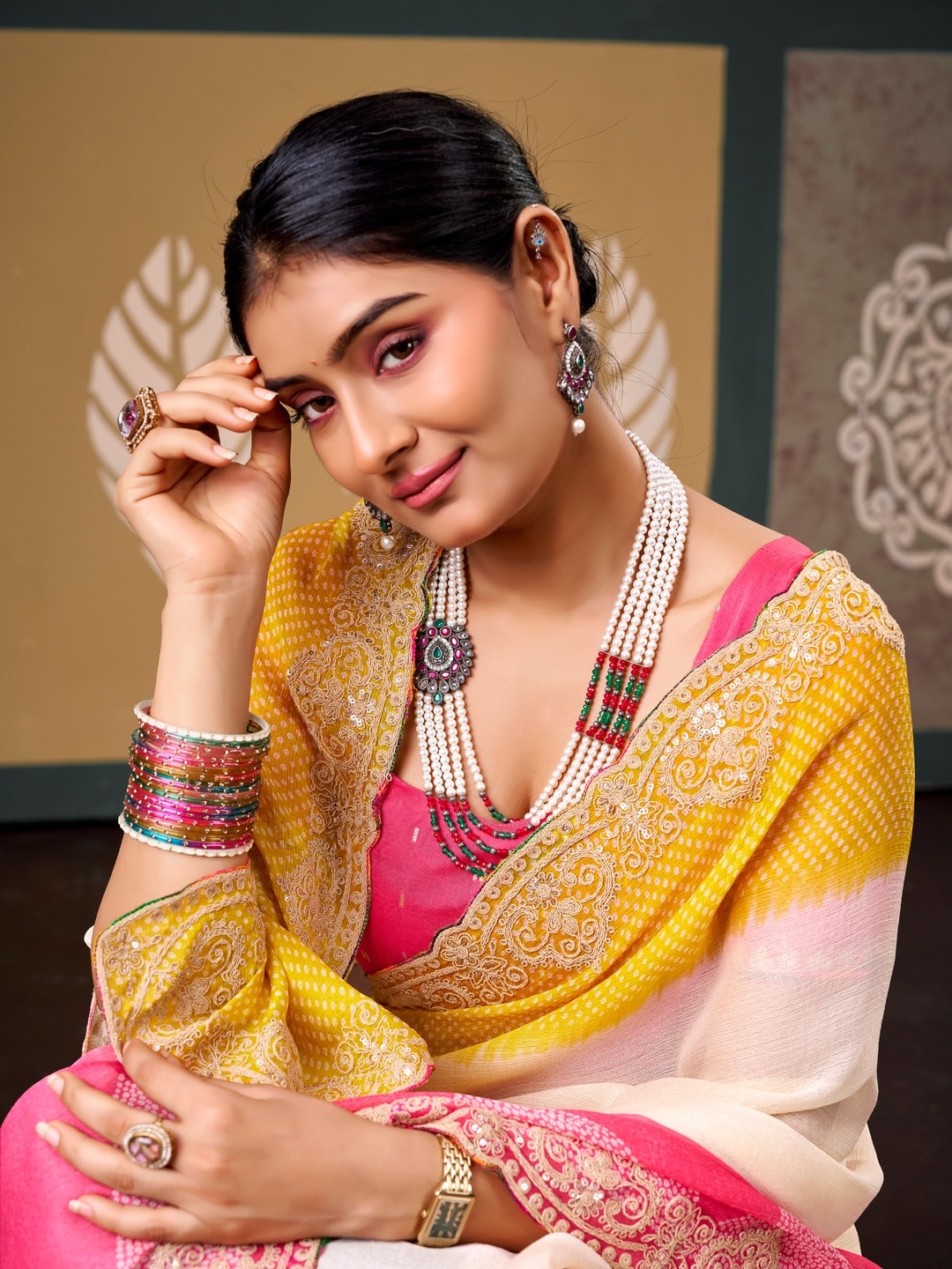 Peachmode Multicolor Ombre Bandhani Printed Chiffon Saree With Embroidered Border - Image 4
