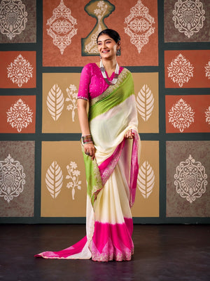 Peachmode Multicolor Ombre Bandhani Printed Chiffon Saree With Embroidered Border - Image 2