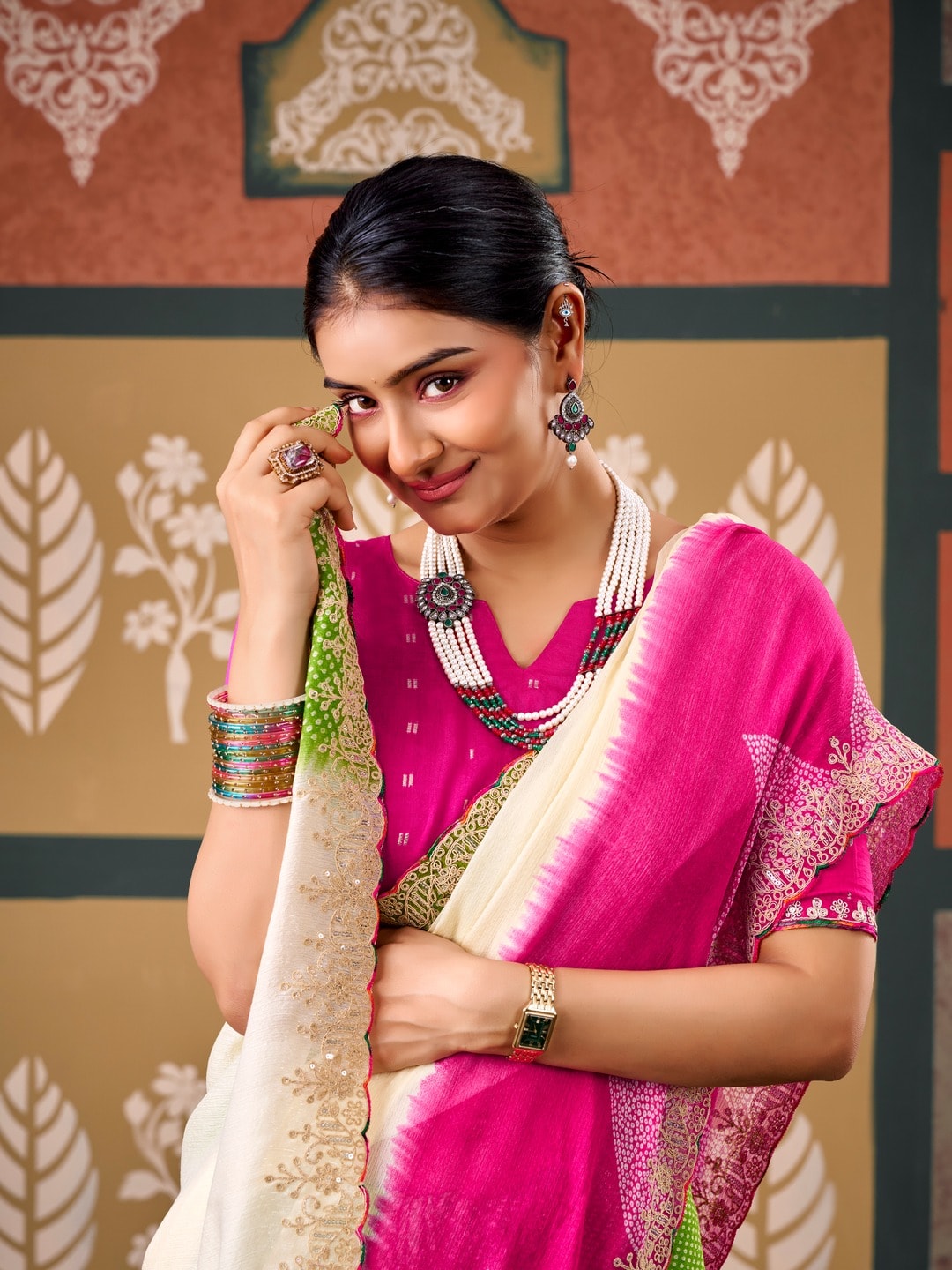 Peachmode Multicolor Ombre Bandhani Printed Chiffon Saree With Embroidered Border - Image 4