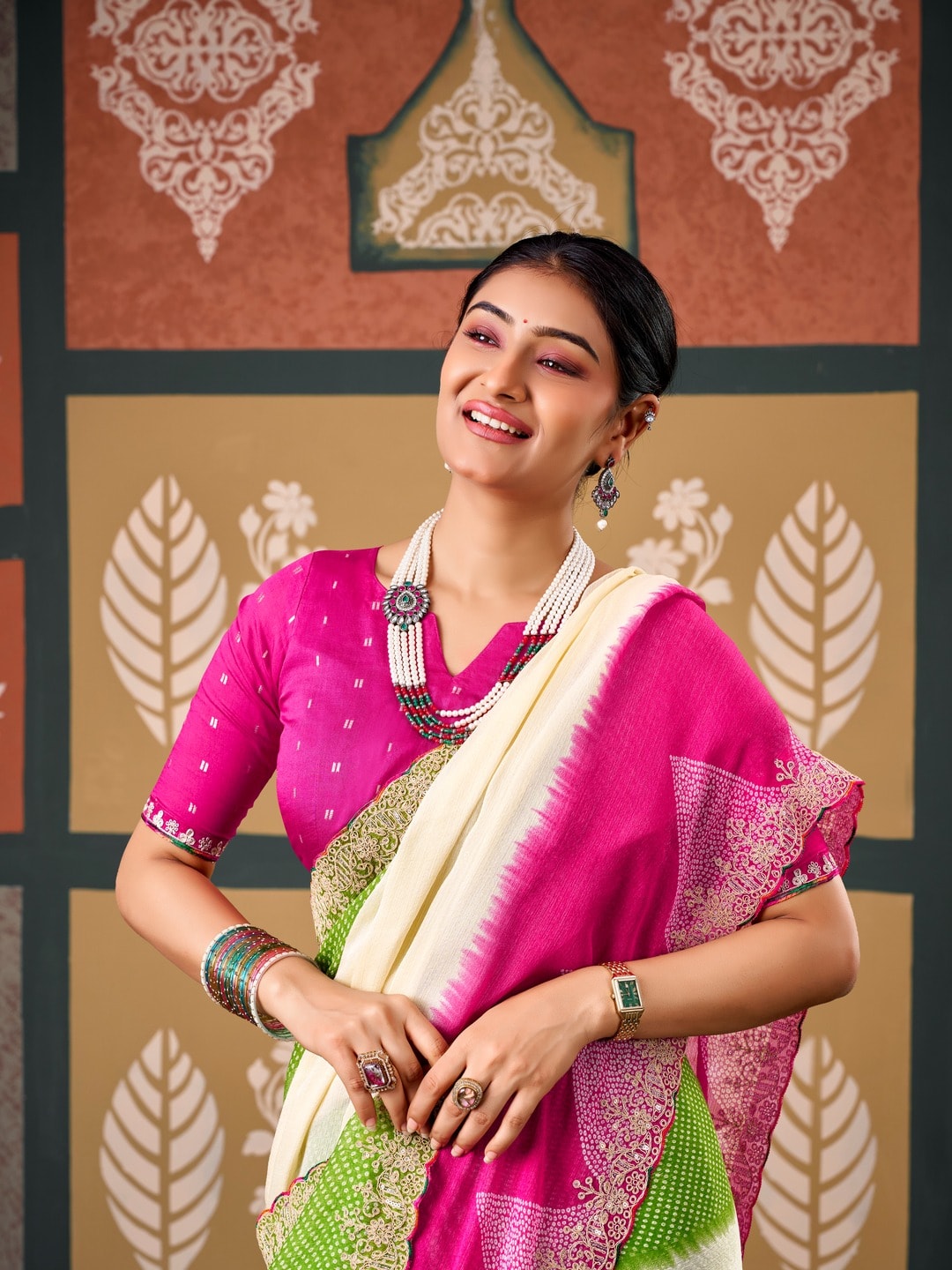 Peachmode Multicolor Ombre Bandhani Printed Chiffon Saree With Embroidered Border - Image 5