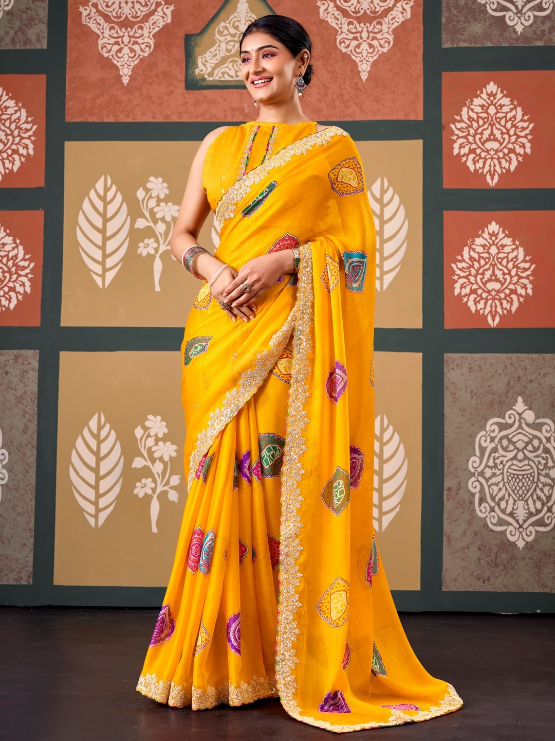 Peachmode Yellow Bandhani Printed Chiffon Saree With Embroidered Border - Image 1